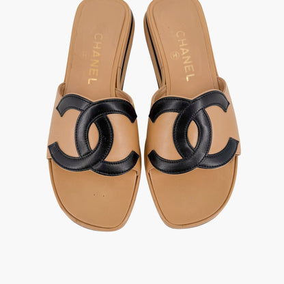 Vintage Chanel Cambon CC Slide Sandals Beige Black Size 37.5