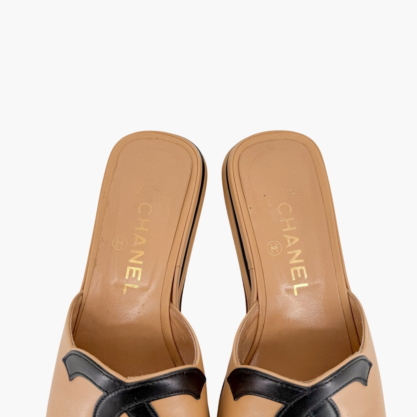 Vintage Chanel Cambon CC Slide Sandals Beige Black Size 37.5