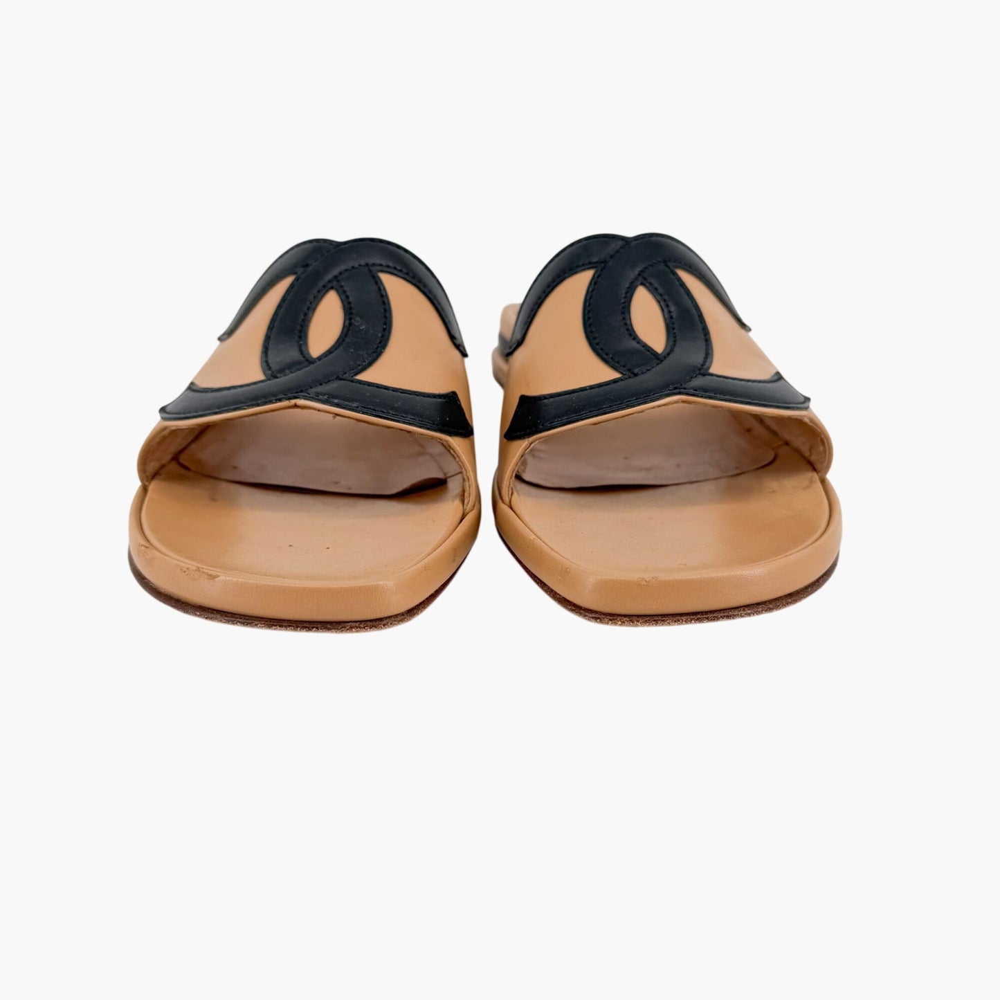 Vintage Chanel Cambon CC Slide Sandals Beige Black Size 37.5