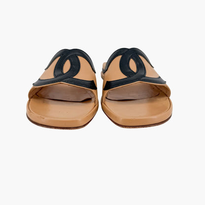 Vintage Chanel Cambon CC Slide Sandals Beige Black Size 37.5