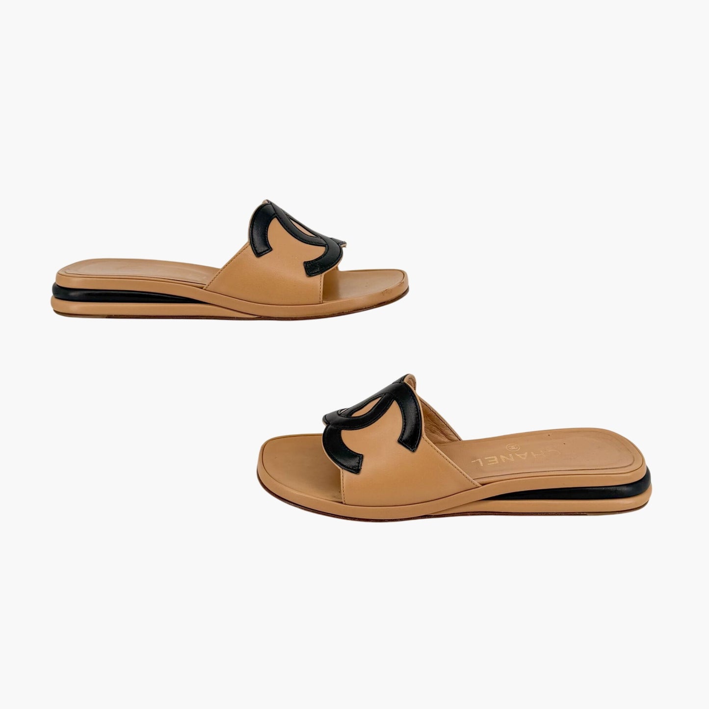 Vintage Chanel Cambon CC Slide Sandals Beige Black Size 37.5