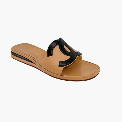 Vintage Chanel Cambon CC Slide Sandals Beige Black Size 37.5