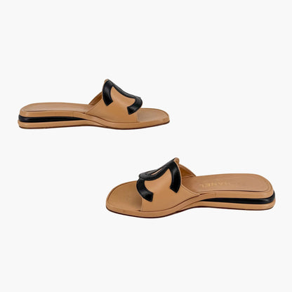 Vintage Chanel Cambon CC Slide Sandals Beige Black Size 37.5