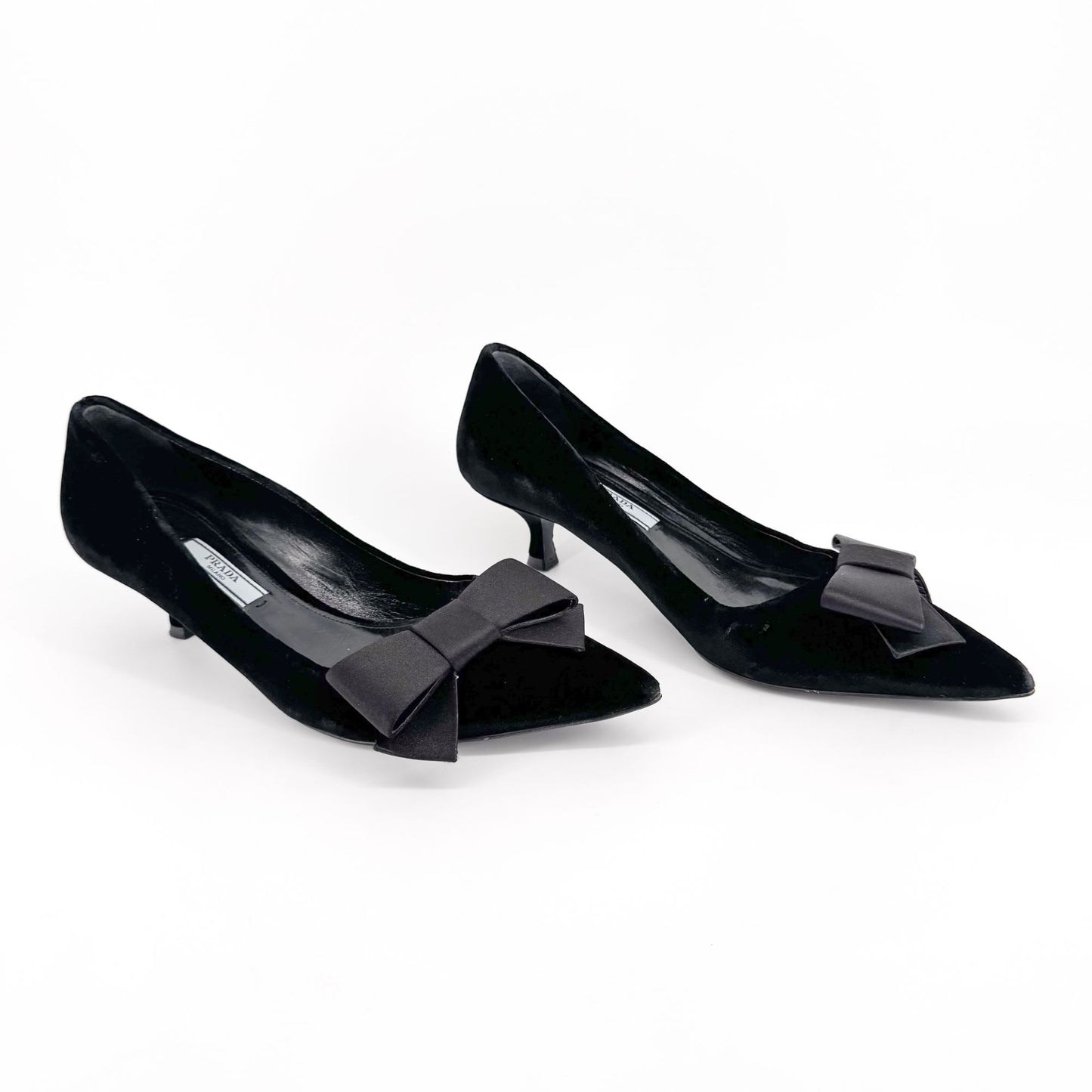 Prada Pointed Toe Bow Kitten Pumps in Black Velvet Size 37