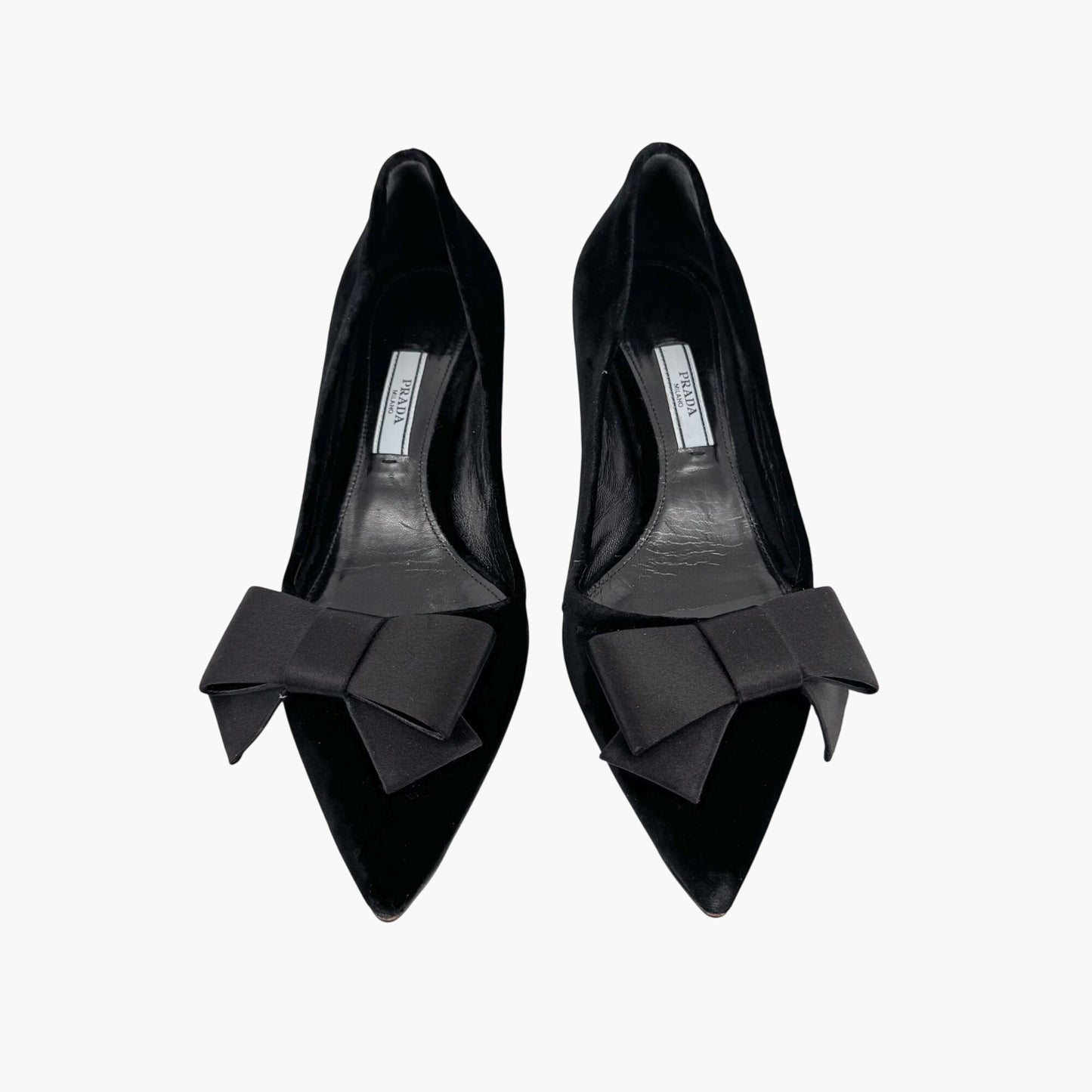 Prada Pointed Toe Bow Kitten Pumps in Black Velvet Size 37