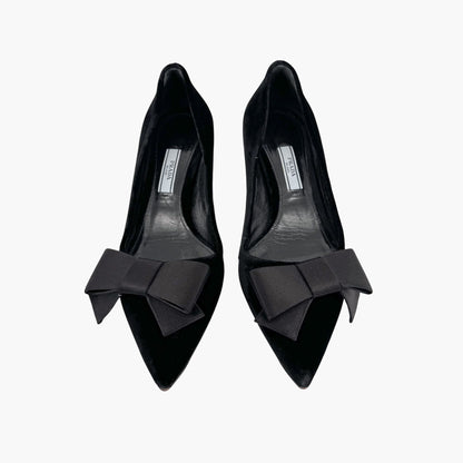 Prada Pointed Toe Bow Kitten Pumps in Black Velvet Size 37