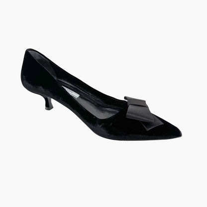 Prada Pointed Toe Bow Kitten Pumps in Black Velvet Size 37