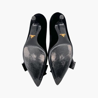 Prada Pointed Toe Bow Kitten Pumps in Black Velvet Size 37