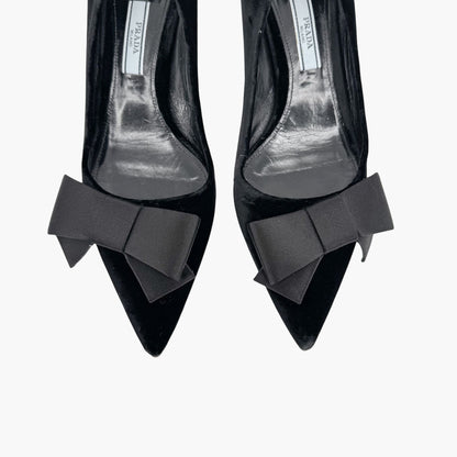 Prada Pointed Toe Bow Kitten Pumps in Black Velvet Size 37