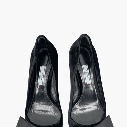 Prada Pointed Toe Bow Kitten Pumps in Black Velvet Size 37