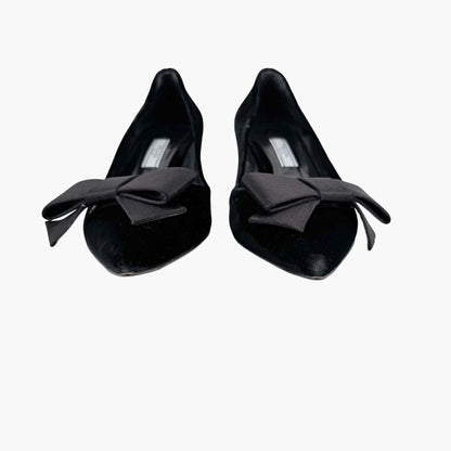 Prada Pointed Toe Bow Kitten Pumps in Black Velvet Size 37
