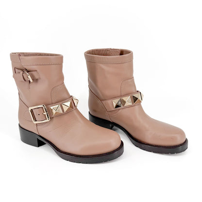 Valentino Garavani Rockstud Moto Ankle Boots Beige Size 36.5