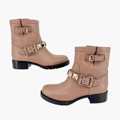 Valentino Garavani Rockstud Moto Ankle Boots Beige Size 36.5