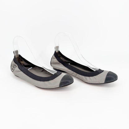 Chanel Metallic Gray CC Cap Toe Ballet Flats Size 38