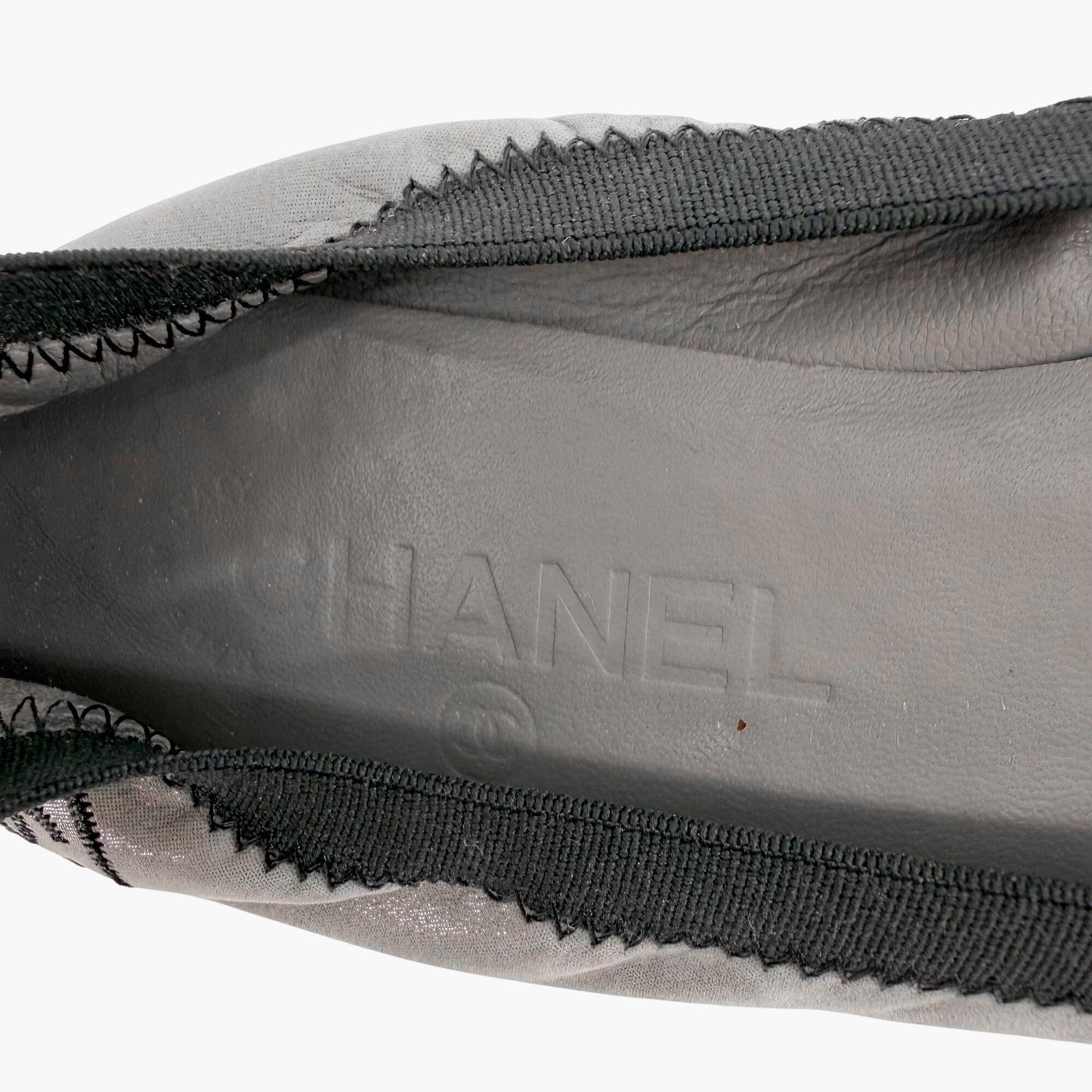 Chanel Metallic Gray CC Cap Toe Ballet Flats Size 38