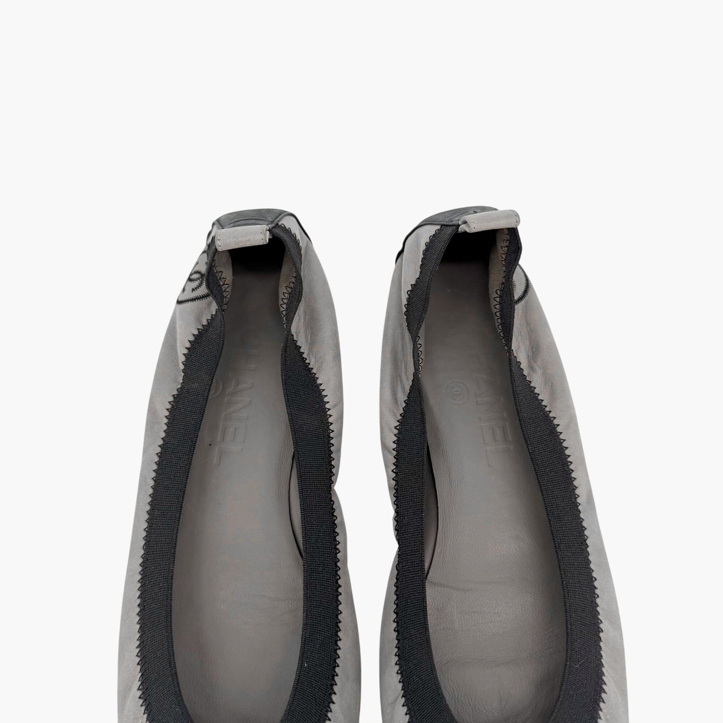 Chanel Metallic Gray CC Cap Toe Ballet Flats Size 38