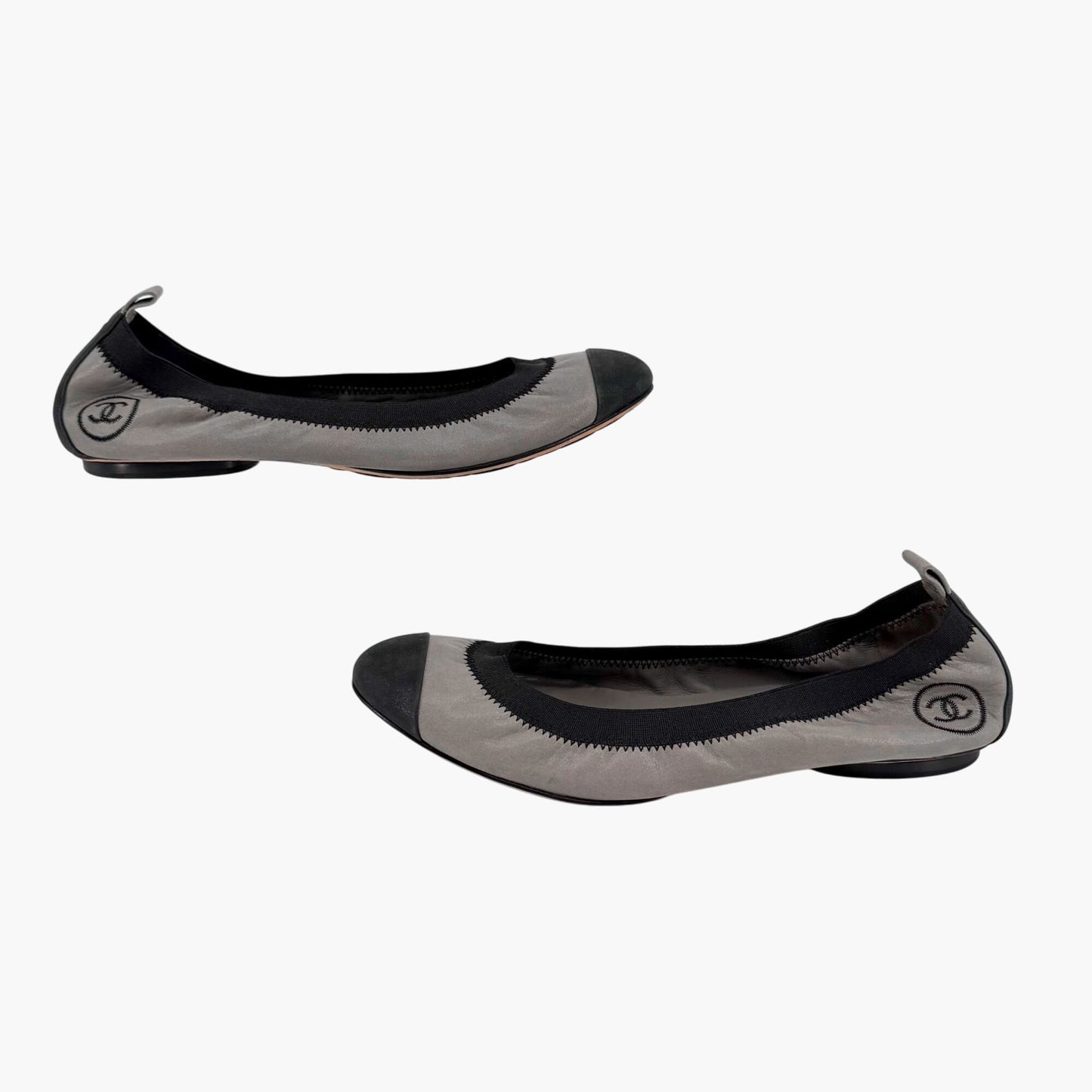 Chanel Metallic Gray CC Cap Toe Ballet Flats Size 38