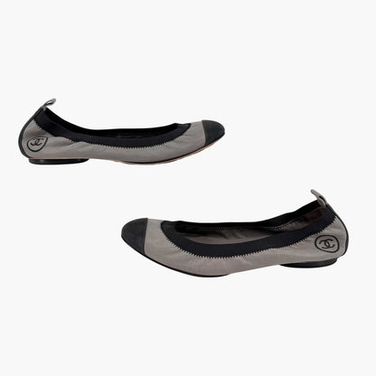 Chanel Metallic Gray CC Cap Toe Ballet Flats Size 38