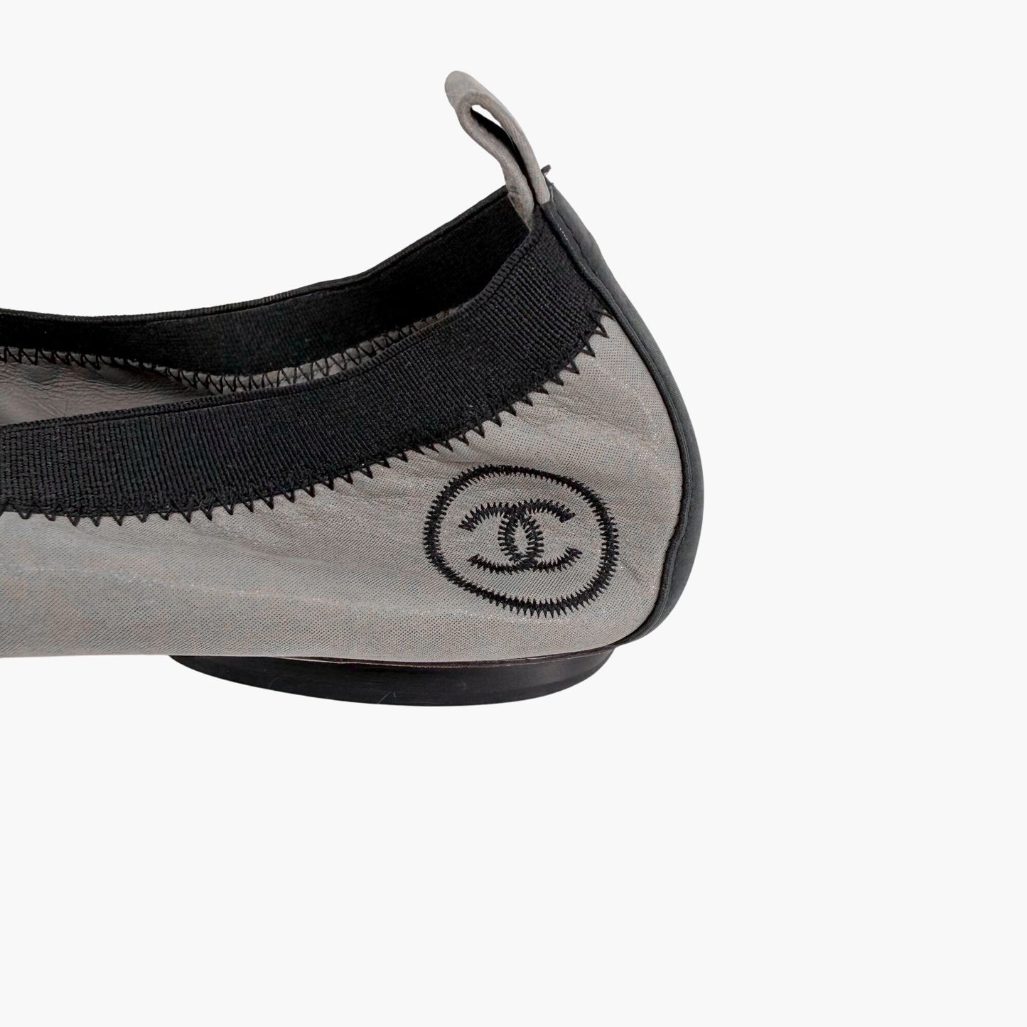 Chanel Metallic Gray CC Cap Toe Ballet Flats Size 38