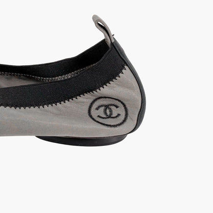 Chanel Metallic Gray CC Cap Toe Ballet Flats Size 38