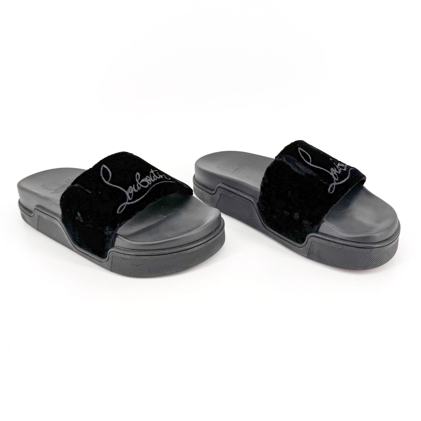 Christian Louboutin "Navy Pool" Logo Embroidered Slide Sandals in Black Velvet Size 37