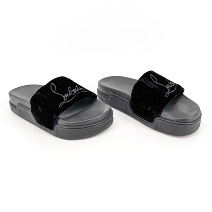 Christian Louboutin "Navy Pool" Logo Embroidered Slide Sandals in Black Velvet Size 37