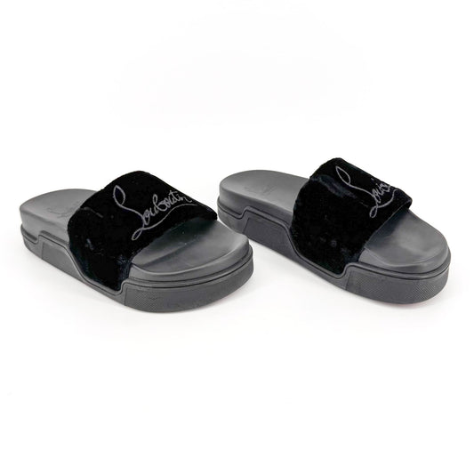 Christian Louboutin "Navy Pool" Logo Embroidered Slide Sandals in Black Velvet Size 37