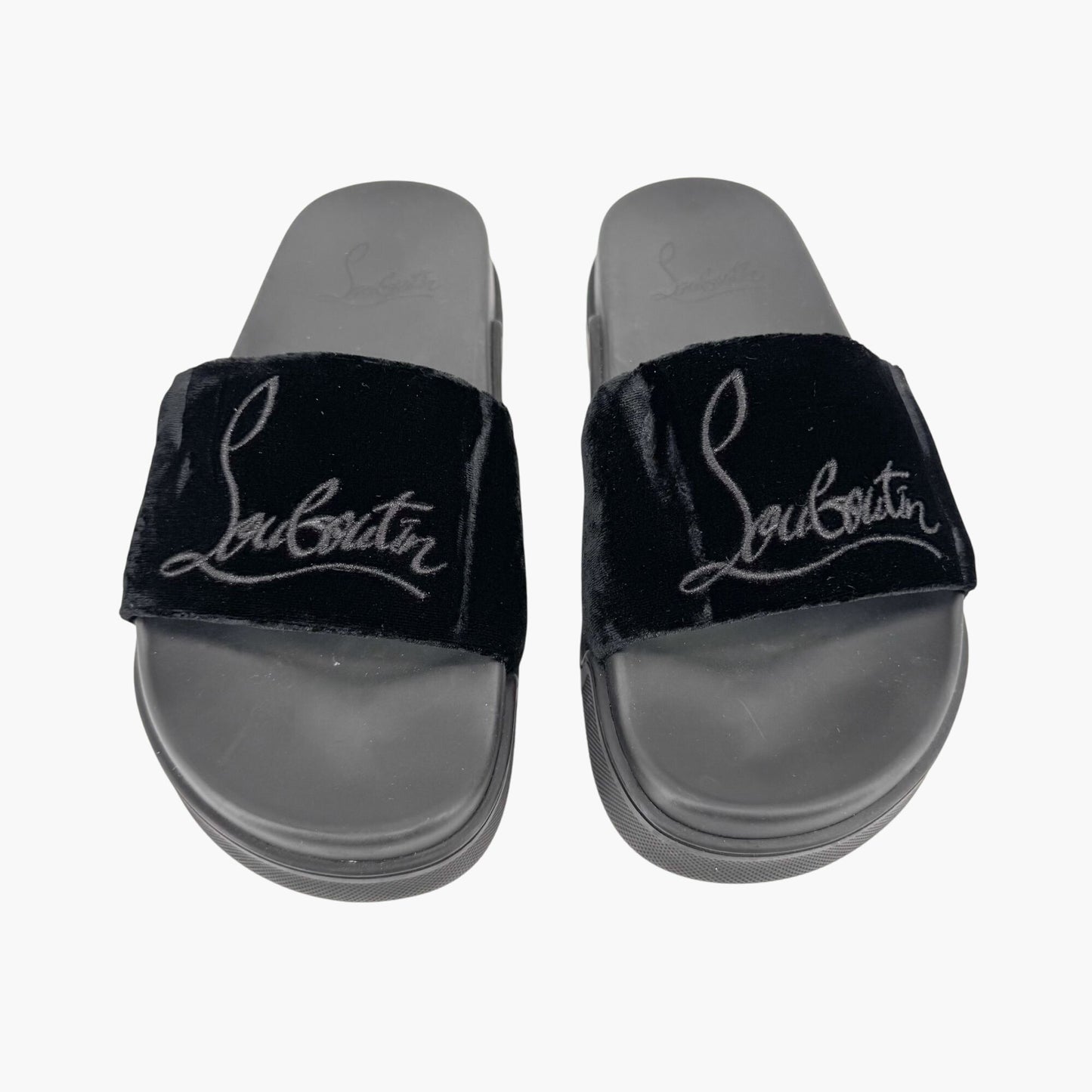 Christian Louboutin "Navy Pool" Logo Embroidered Slide Sandals in Black Velvet Size 37