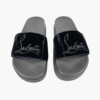 Christian Louboutin "Navy Pool" Logo Embroidered Slide Sandals in Black Velvet Size 37