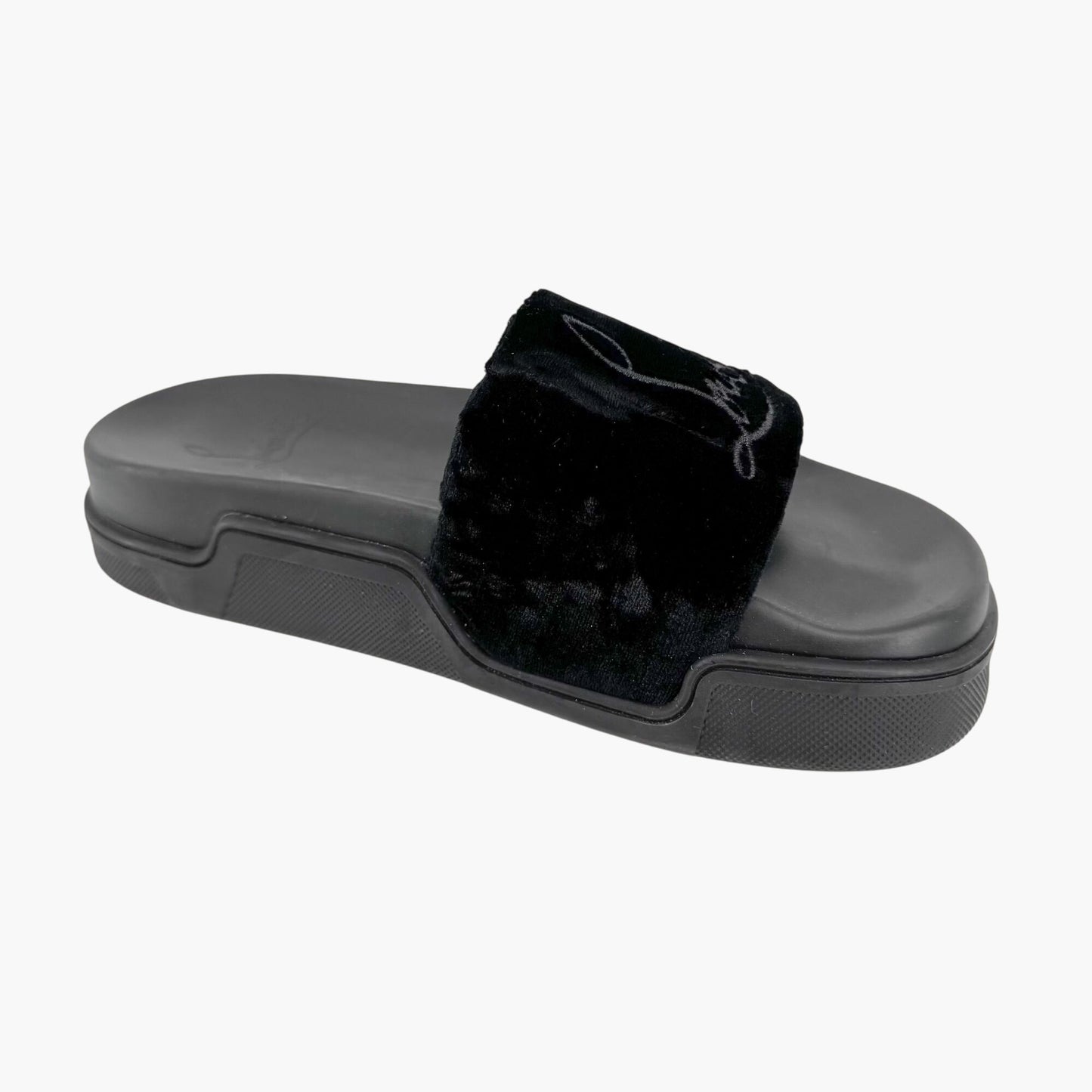 Christian Louboutin "Navy Pool" Logo Embroidered Slide Sandals in Black Velvet Size 37