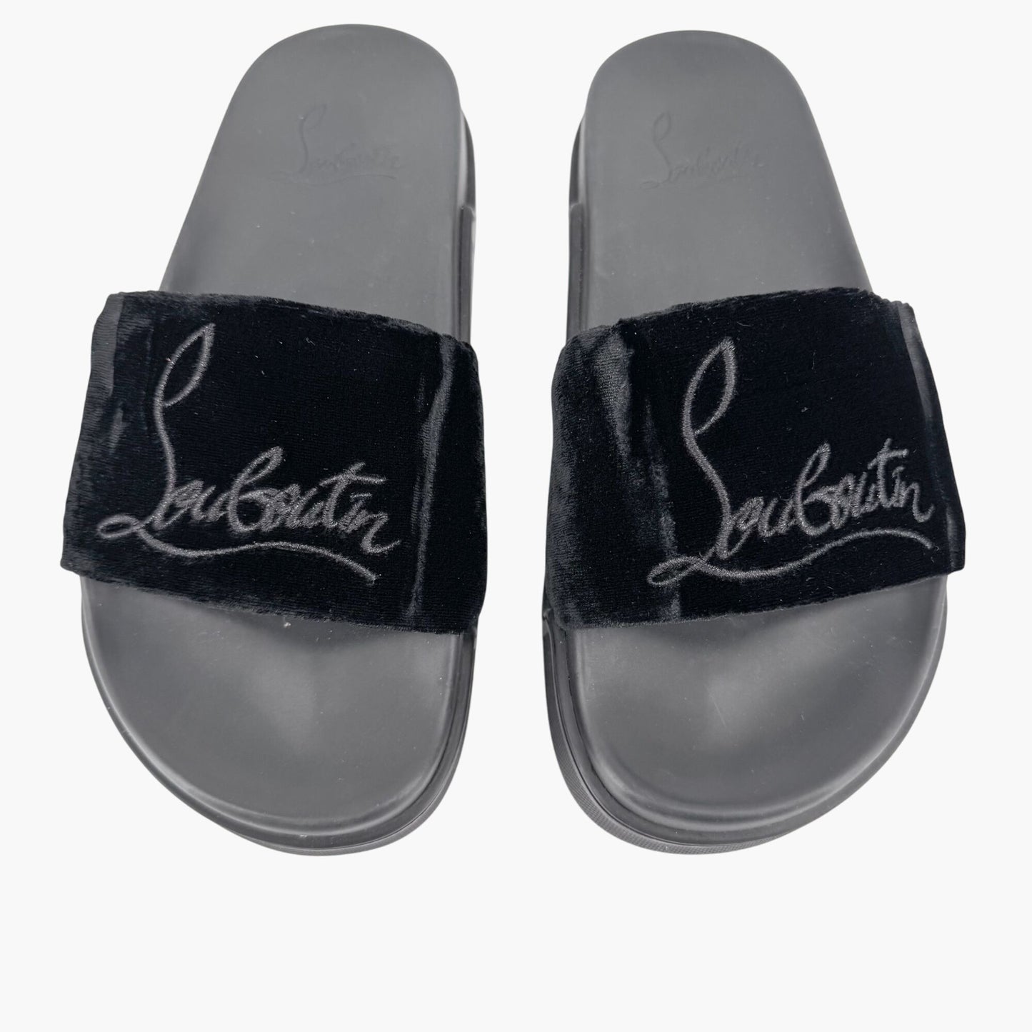 Christian Louboutin "Navy Pool" Logo Embroidered Slide Sandals in Black Velvet Size 37