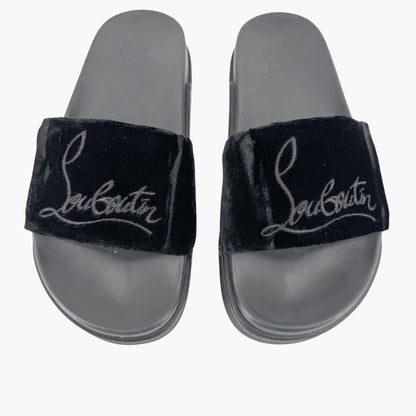 Christian Louboutin "Navy Pool" Logo Embroidered Slide Sandals in Black Velvet Size 37