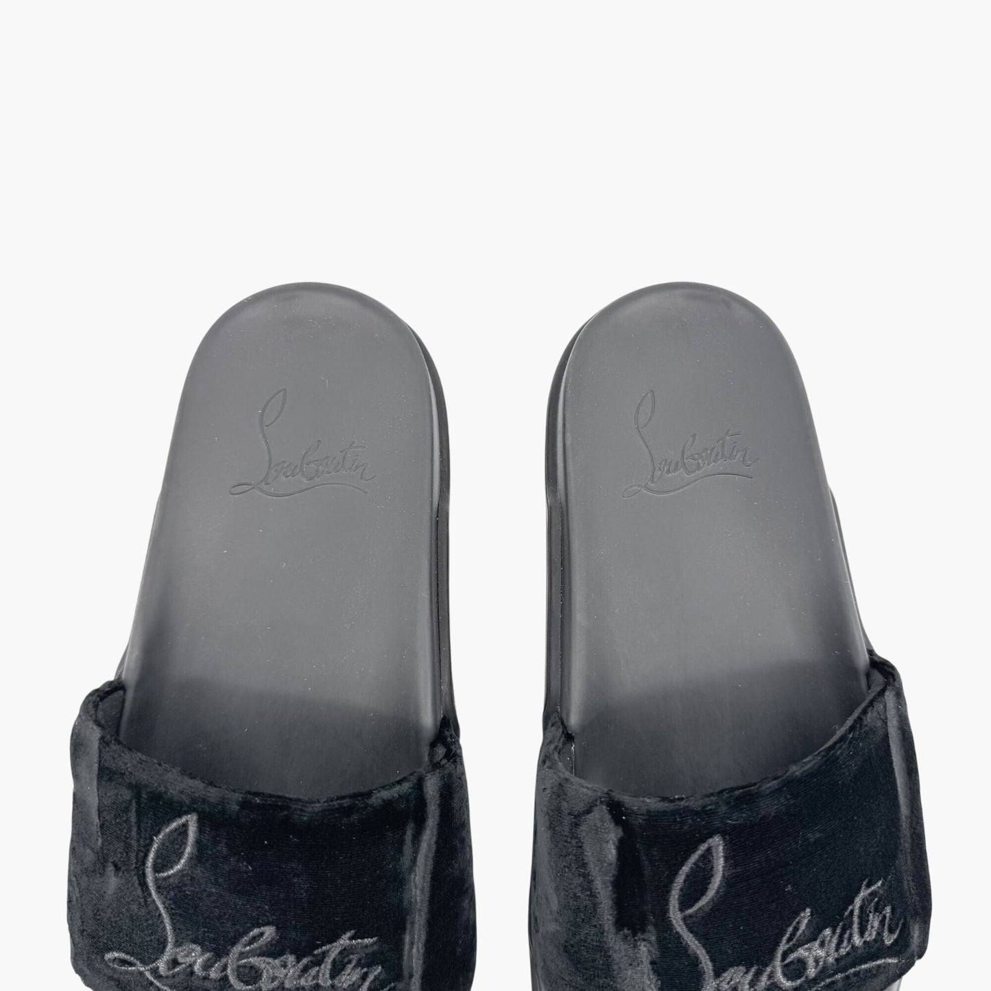 Christian Louboutin "Navy Pool" Logo Embroidered Slide Sandals in Black Velvet Size 37