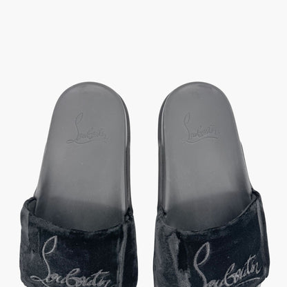 Christian Louboutin "Navy Pool" Logo Embroidered Slide Sandals in Black Velvet Size 37