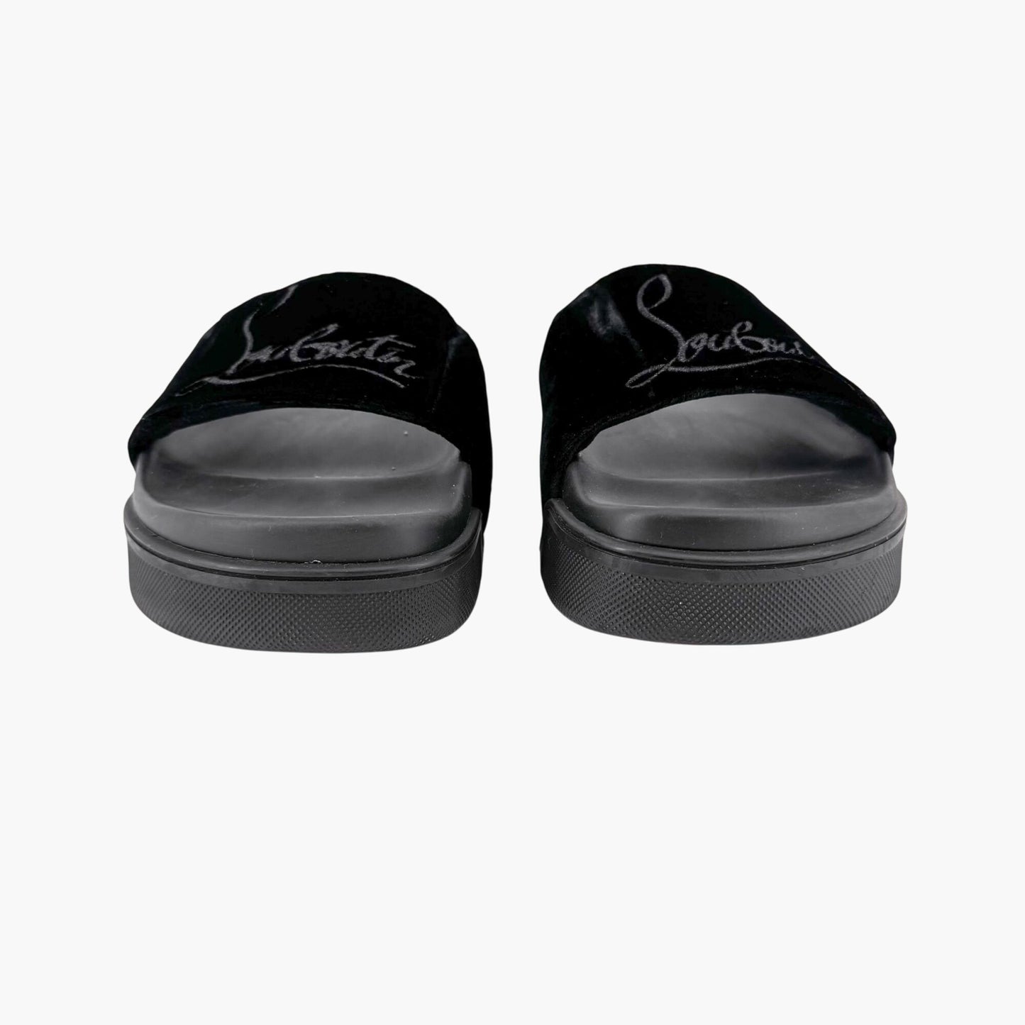 Christian Louboutin "Navy Pool" Logo Embroidered Slide Sandals in Black Velvet Size 37