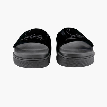 Christian Louboutin "Navy Pool" Logo Embroidered Slide Sandals in Black Velvet Size 37