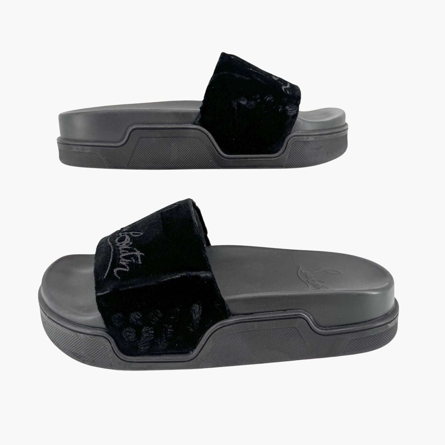 Christian Louboutin "Navy Pool" Logo Embroidered Slide Sandals in Black Velvet Size 37