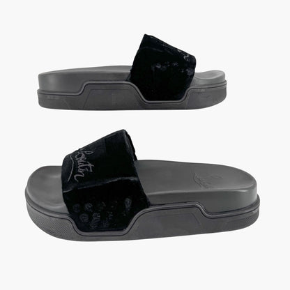 Christian Louboutin "Navy Pool" Logo Embroidered Slide Sandals in Black Velvet Size 37