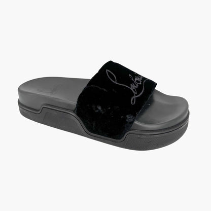 Christian Louboutin "Navy Pool" Logo Embroidered Slide Sandals in Black Velvet Size 37