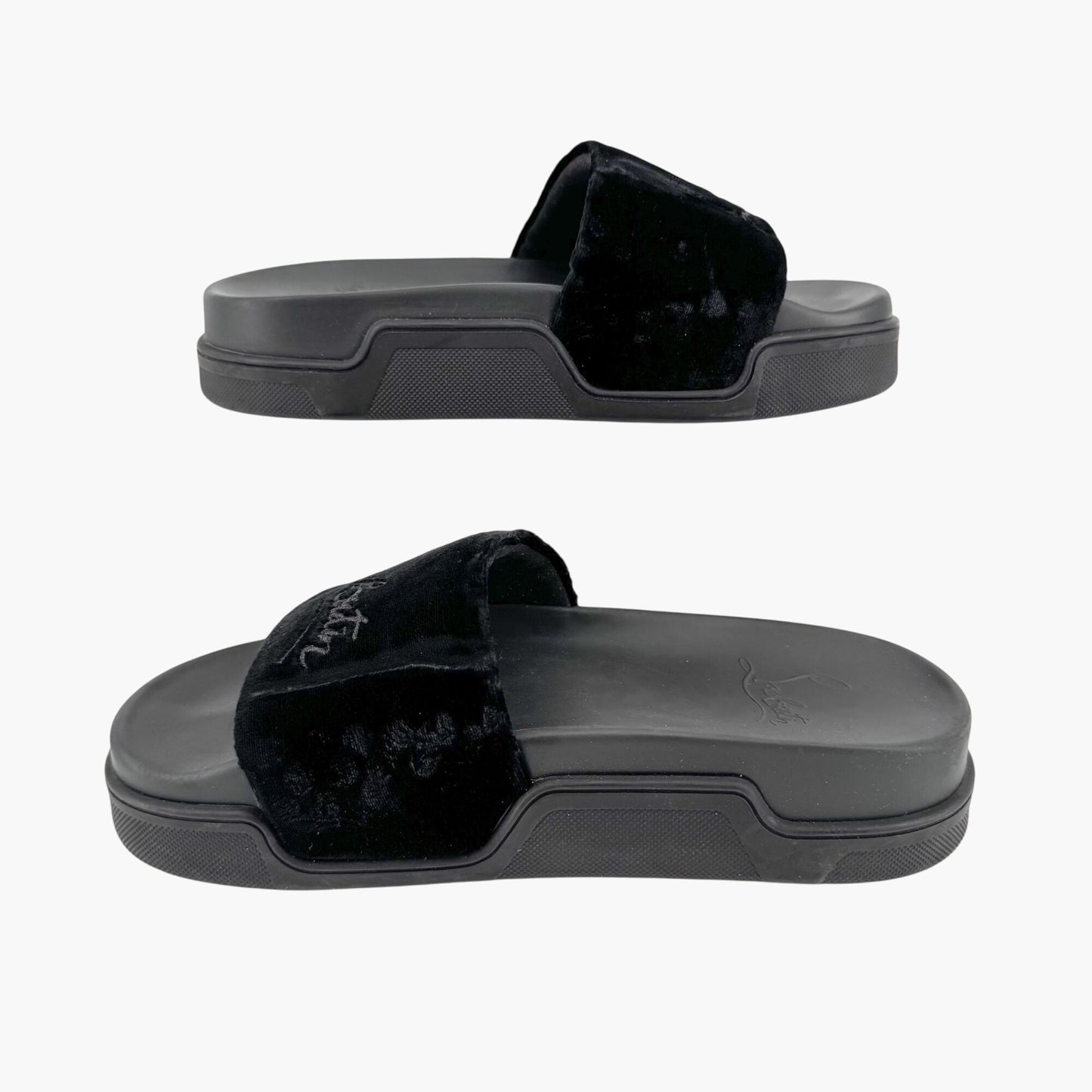 Christian Louboutin "Navy Pool" Logo Embroidered Slide Sandals in Black Velvet Size 37