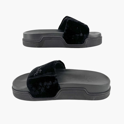Christian Louboutin "Navy Pool" Logo Embroidered Slide Sandals in Black Velvet Size 37