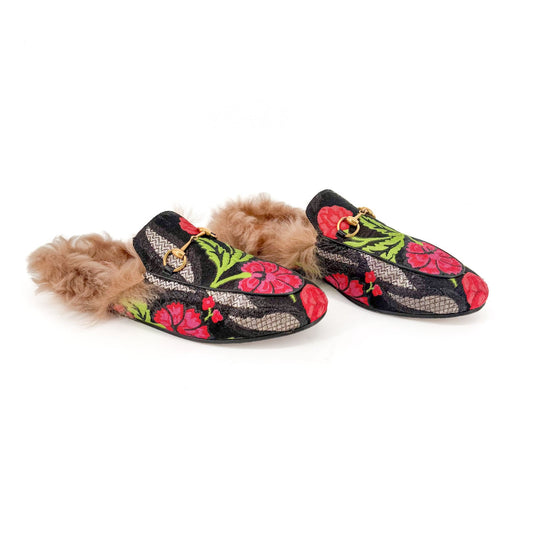 Gucci Princetown Fur Lined Brocade Mules Size 39