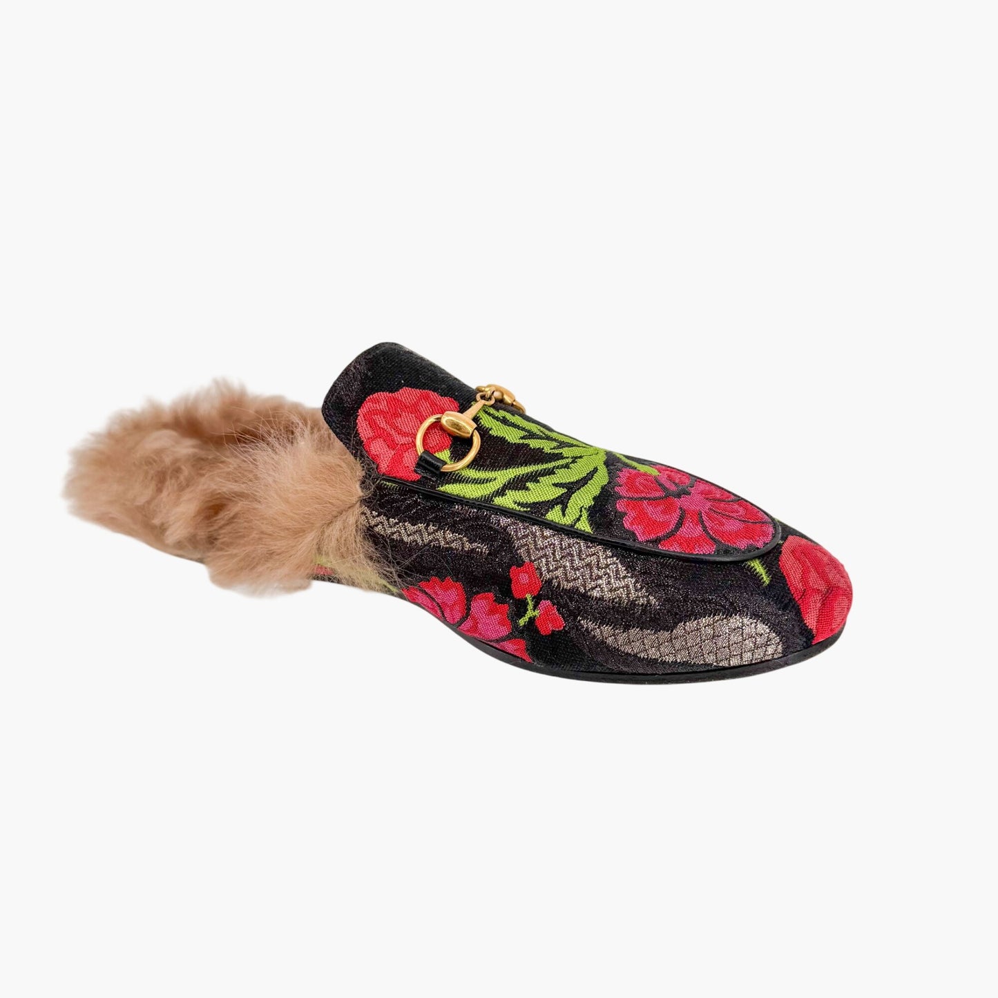 Gucci Princetown Fur Lined Brocade Mules Size 39