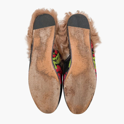 Gucci Princetown Fur Lined Brocade Mules Size 39