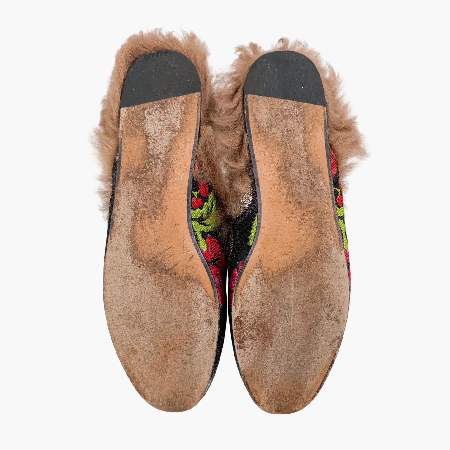 Gucci Princetown Fur Lined Brocade Mules Size 39