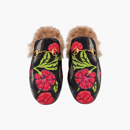 Gucci Princetown Fur Lined Brocade Mules Size 39