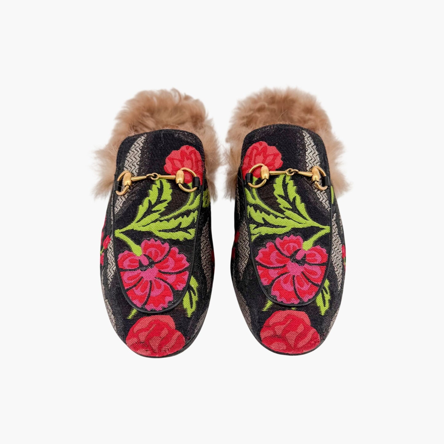 Gucci Princetown Fur Lined Brocade Mules Size 39