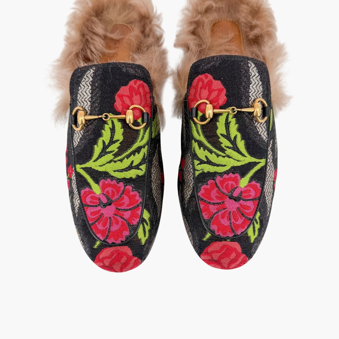 Gucci Princetown Fur Lined Brocade Mules Size 39