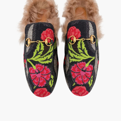 Gucci Princetown Fur Lined Brocade Mules Size 39