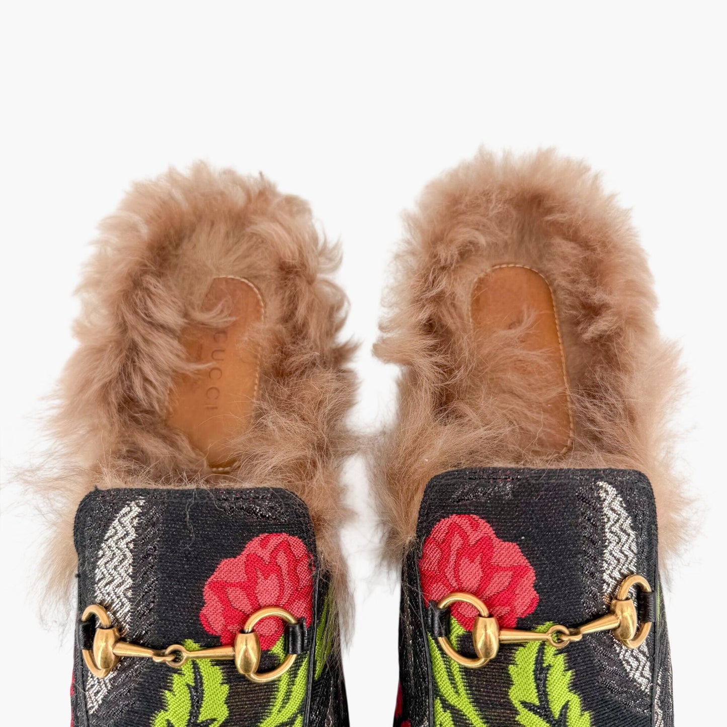 Gucci Princetown Fur Lined Brocade Mules Size 39